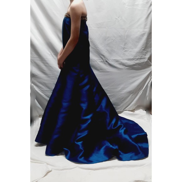 Panoply Navy strapless full skirt gown w/train sequin rhinestone beads 0 - Picture 7 of 16